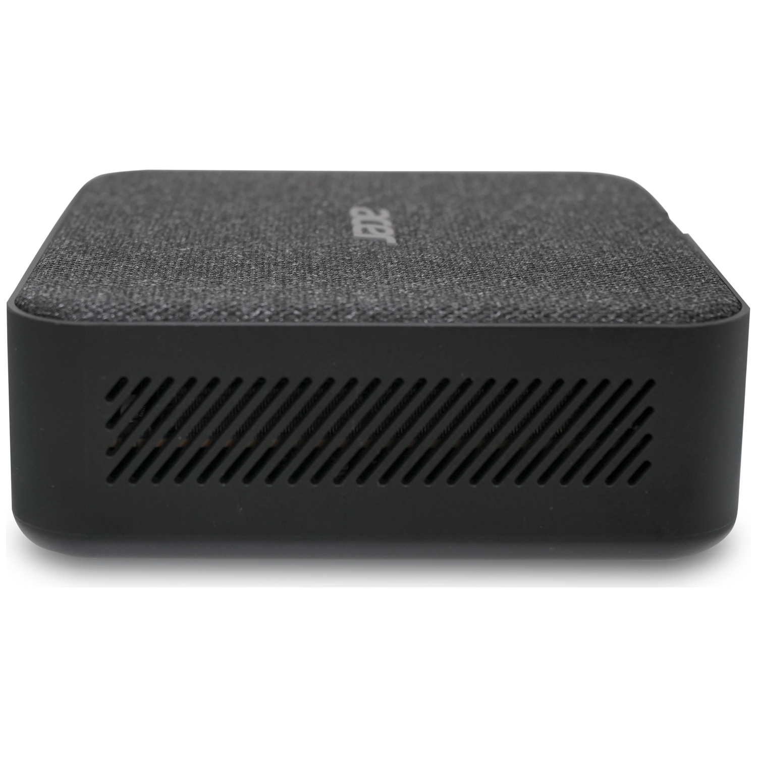 A compact, dark Acer mini PC with a fabric top and ventilation slots.