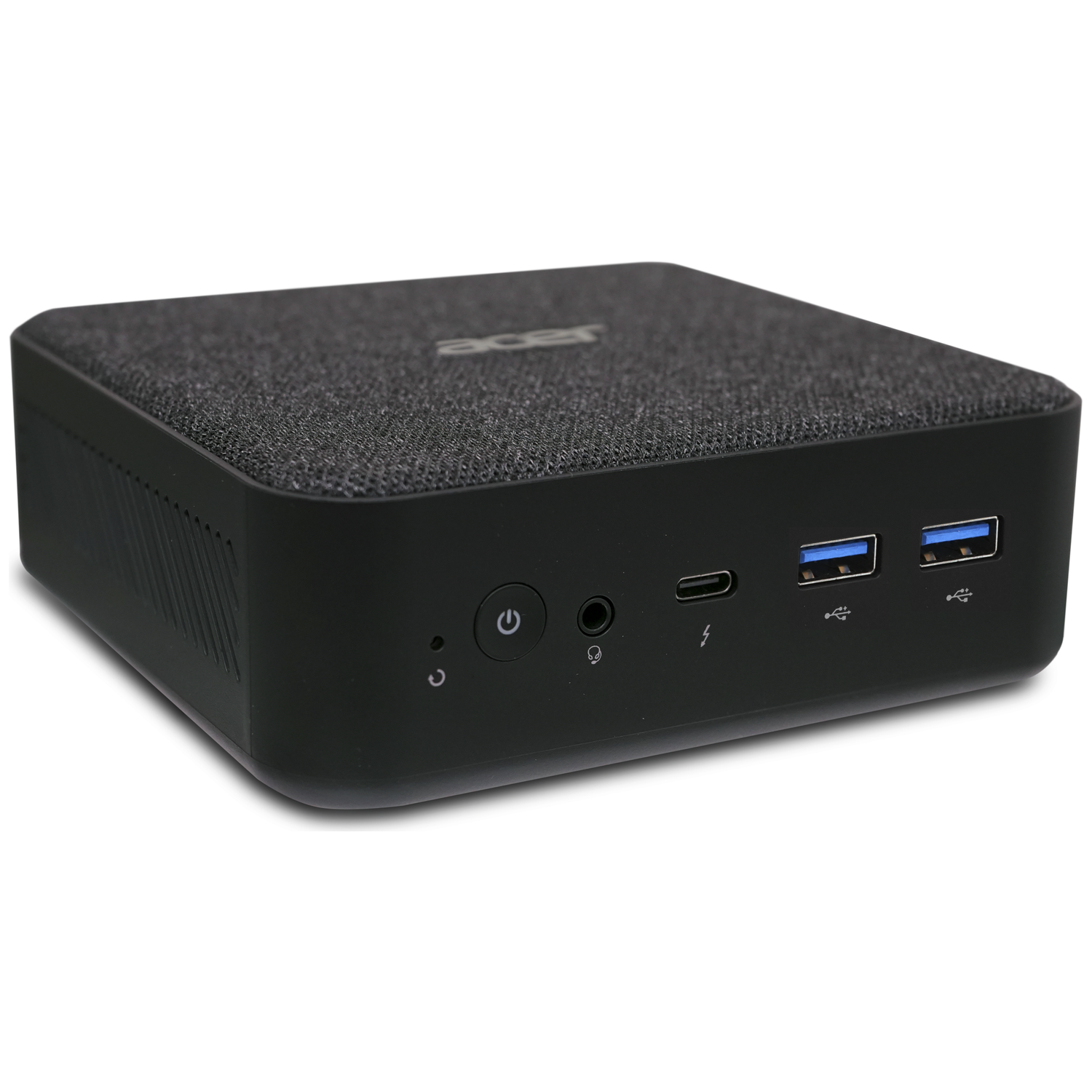 A black Acer mini PC with USB-C, headphone jack, and two USB-A ports on front.