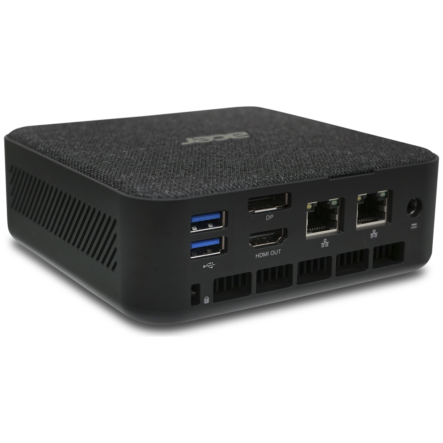 Black Acer mini PC with USB, DP, HDMI ports and vents on back panel.