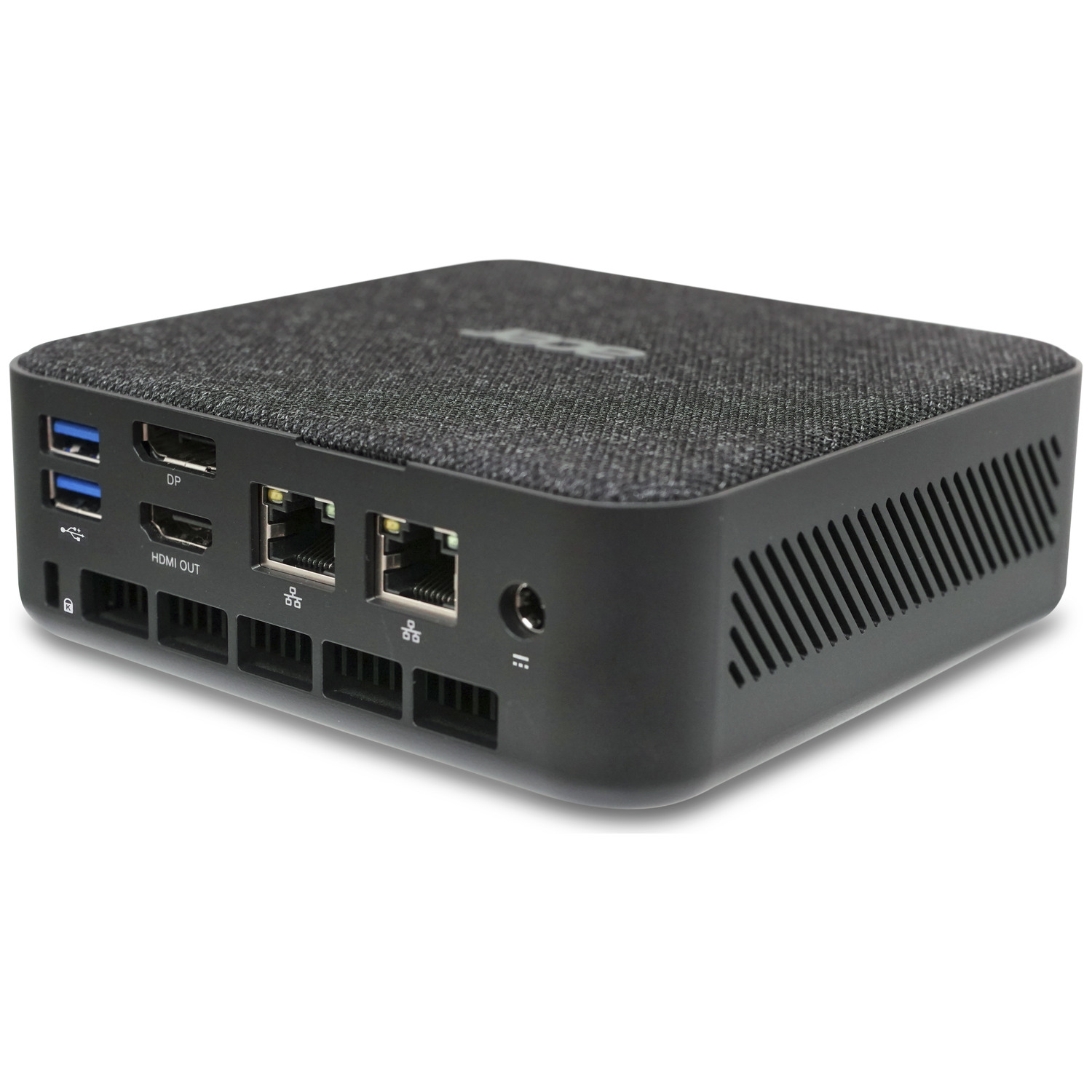 Black mini PC with fabric top, featuring USB, DP, HDMI, and Ethernet ports.