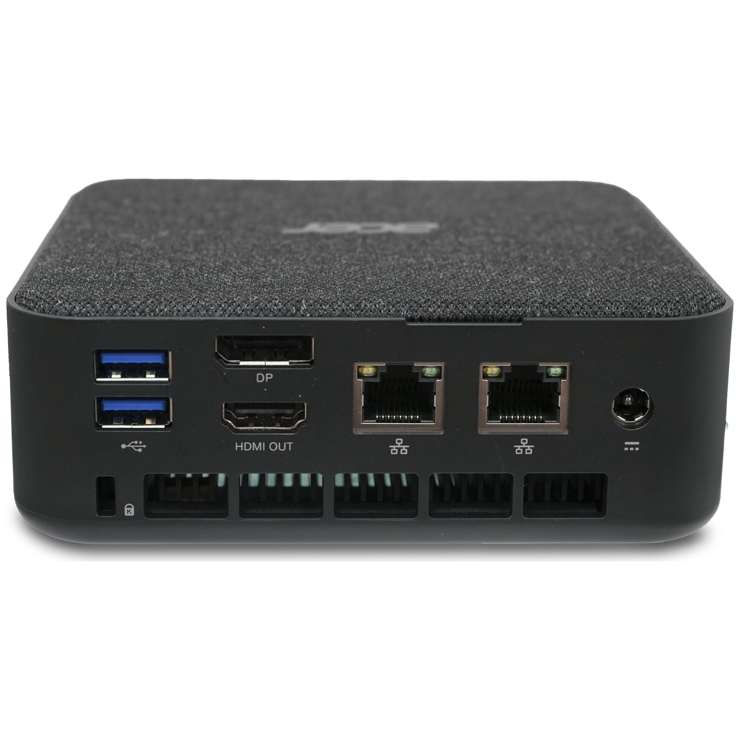 Back of black mini PC showing USB, DP, HDMI ports, and Ethernet connectors.