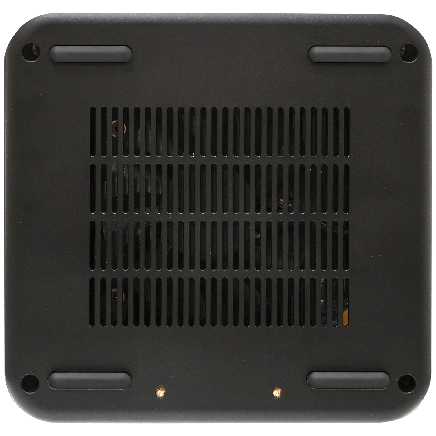 Black bottom case with ventilation slots and four rubber feet.