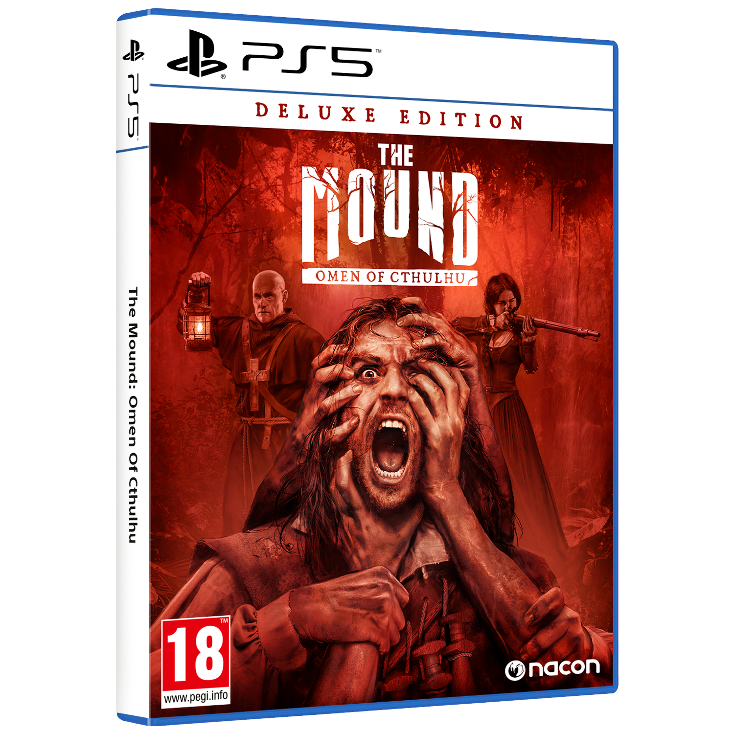 PS5 spelcover: Man schreeuwt, monnik houdt lantaarn, vrouw richt geweer. Rode bos.