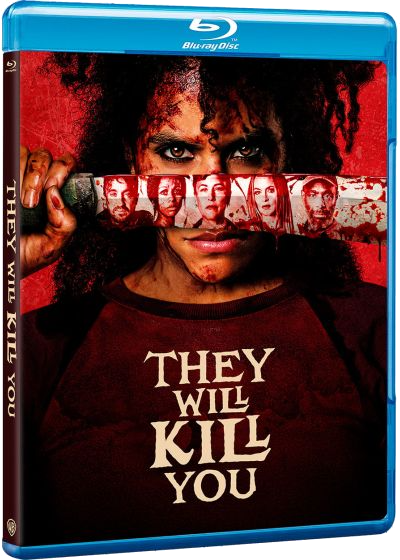 Horrorfilmhoes: Vrouw met mes, gezichten weerspiegeld. Bloedrood.
