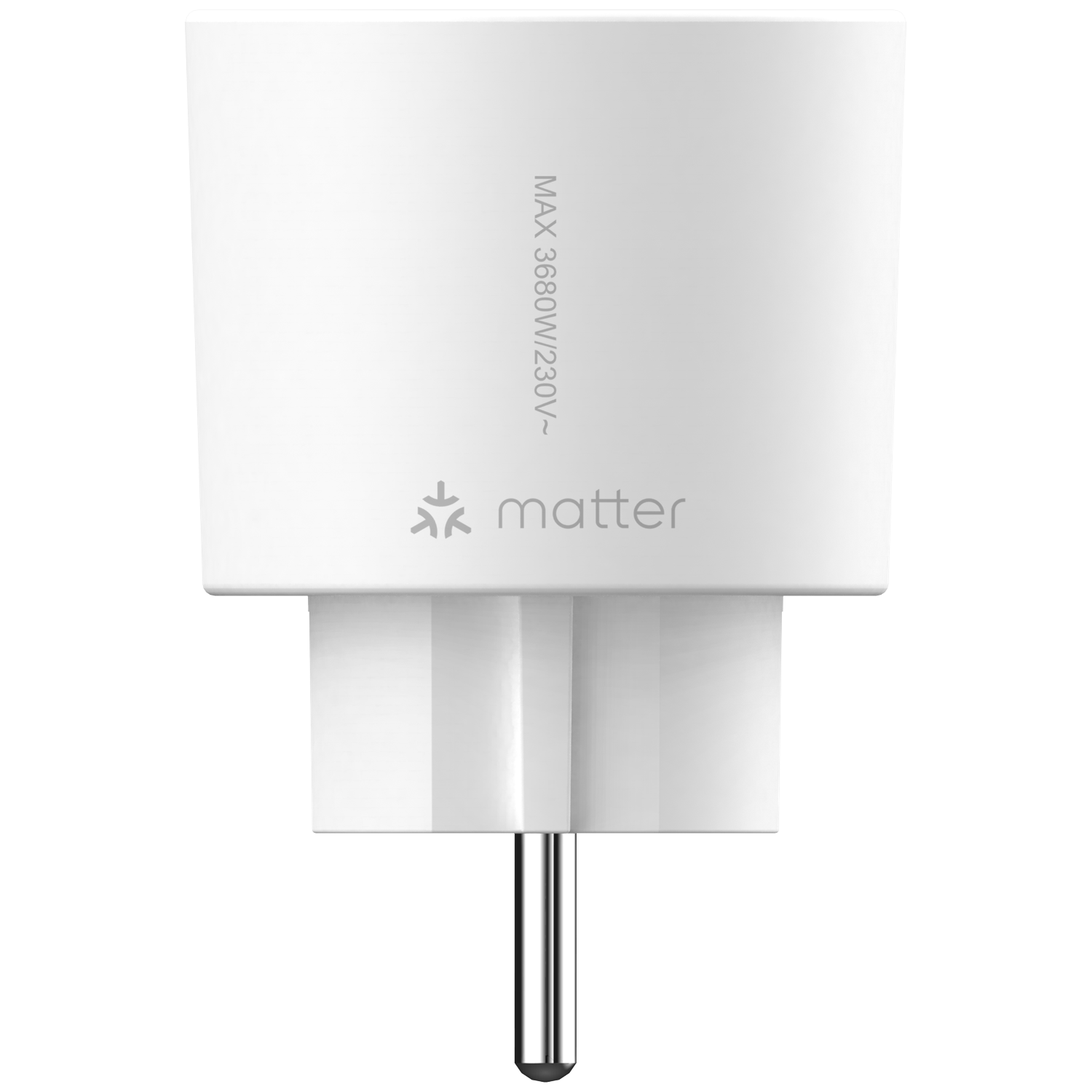 Witte stekker met Matter-logo en stroominformatie.