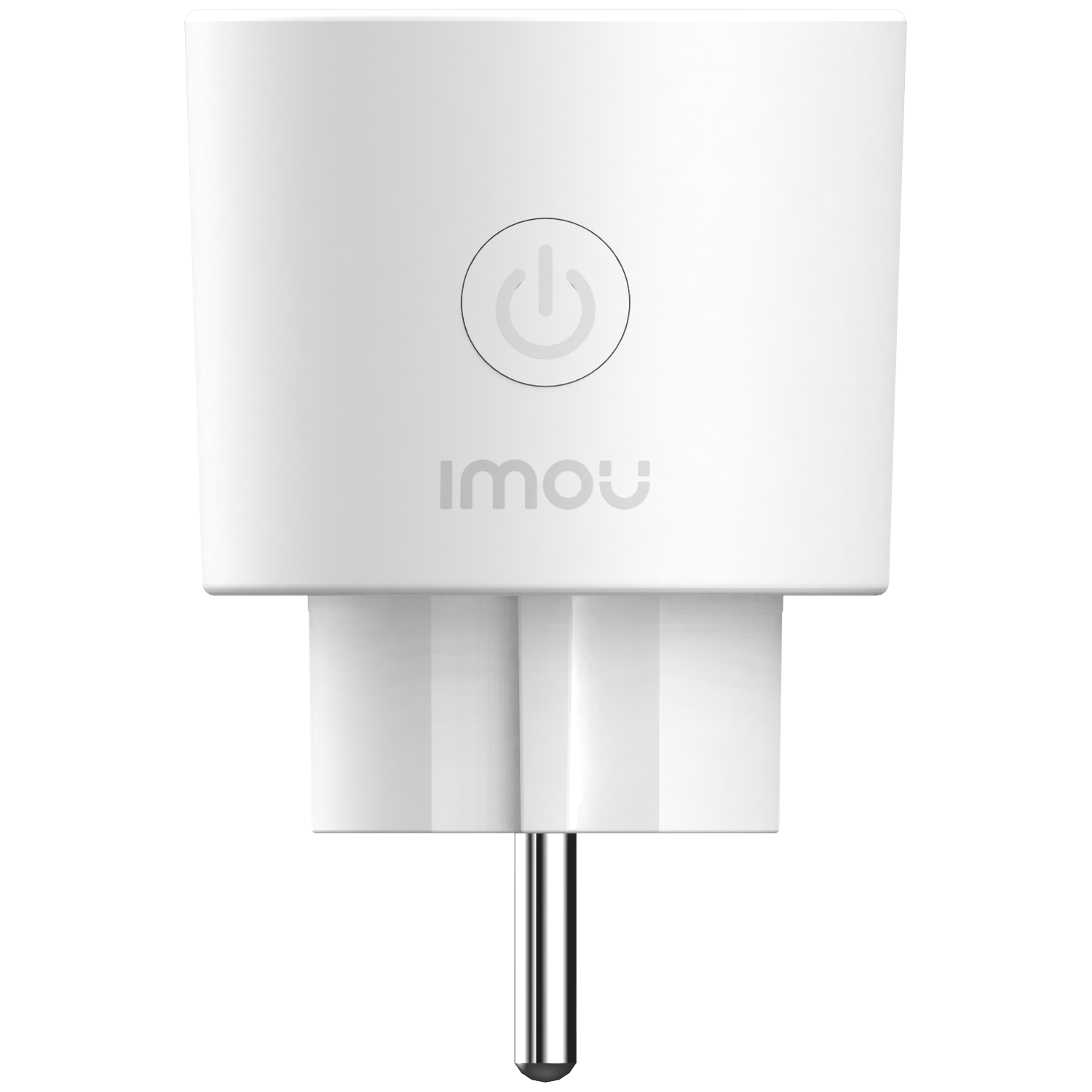 Een witte smartplug met aan/uit-symbool en Imou-logo.