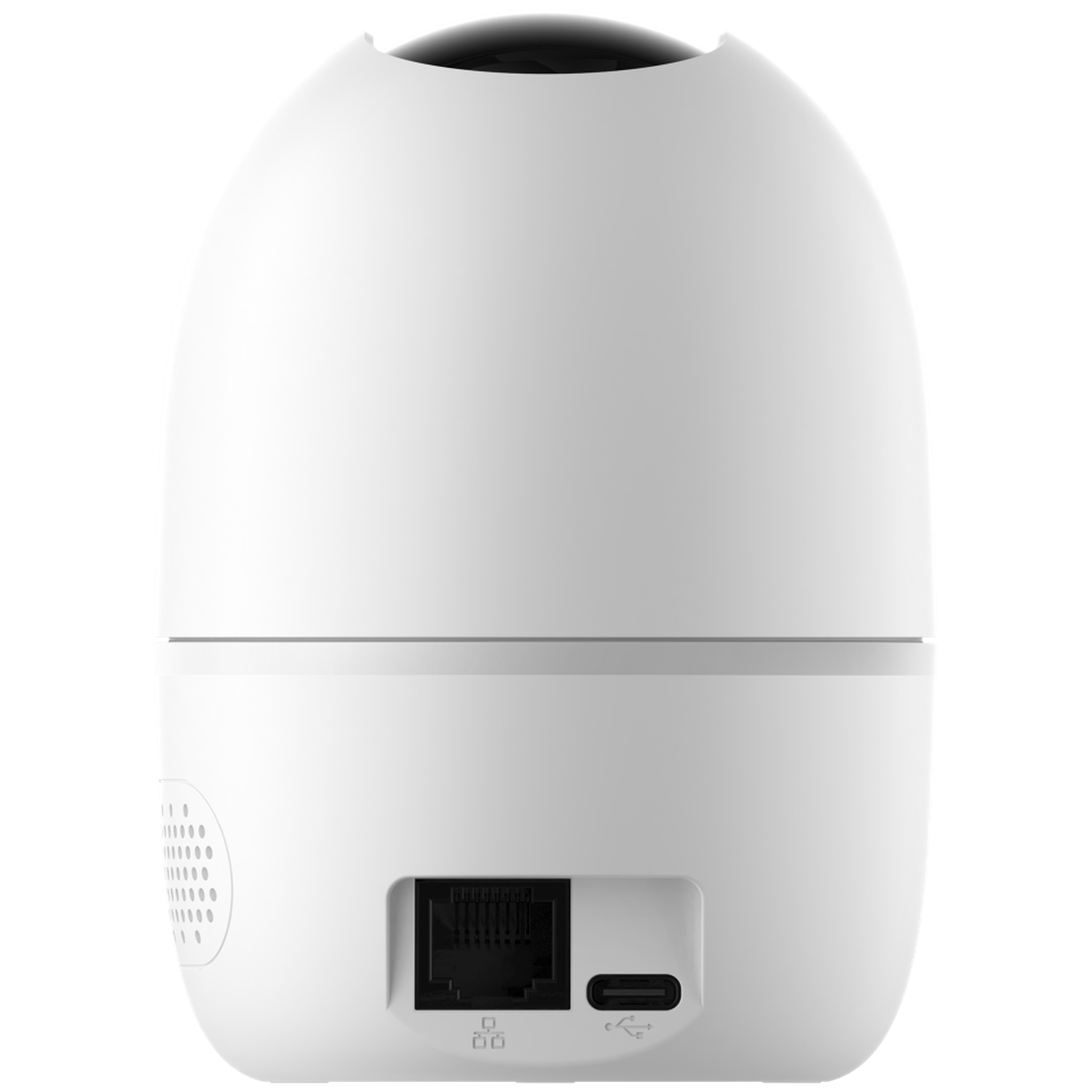White surveillance camera with Ethernet and USB-C ports.