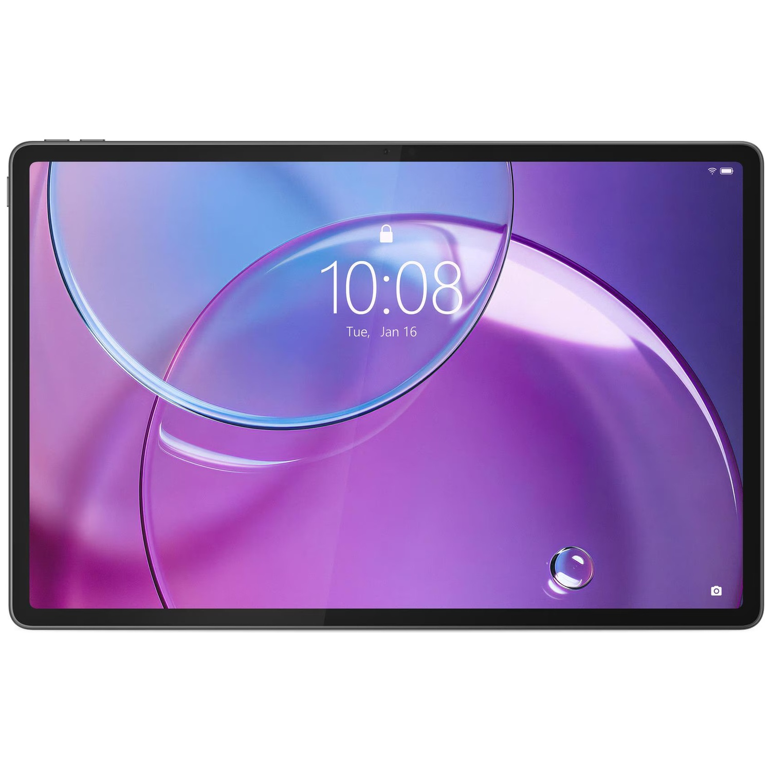 A gray tablet displaying 10:08 on a purple background.