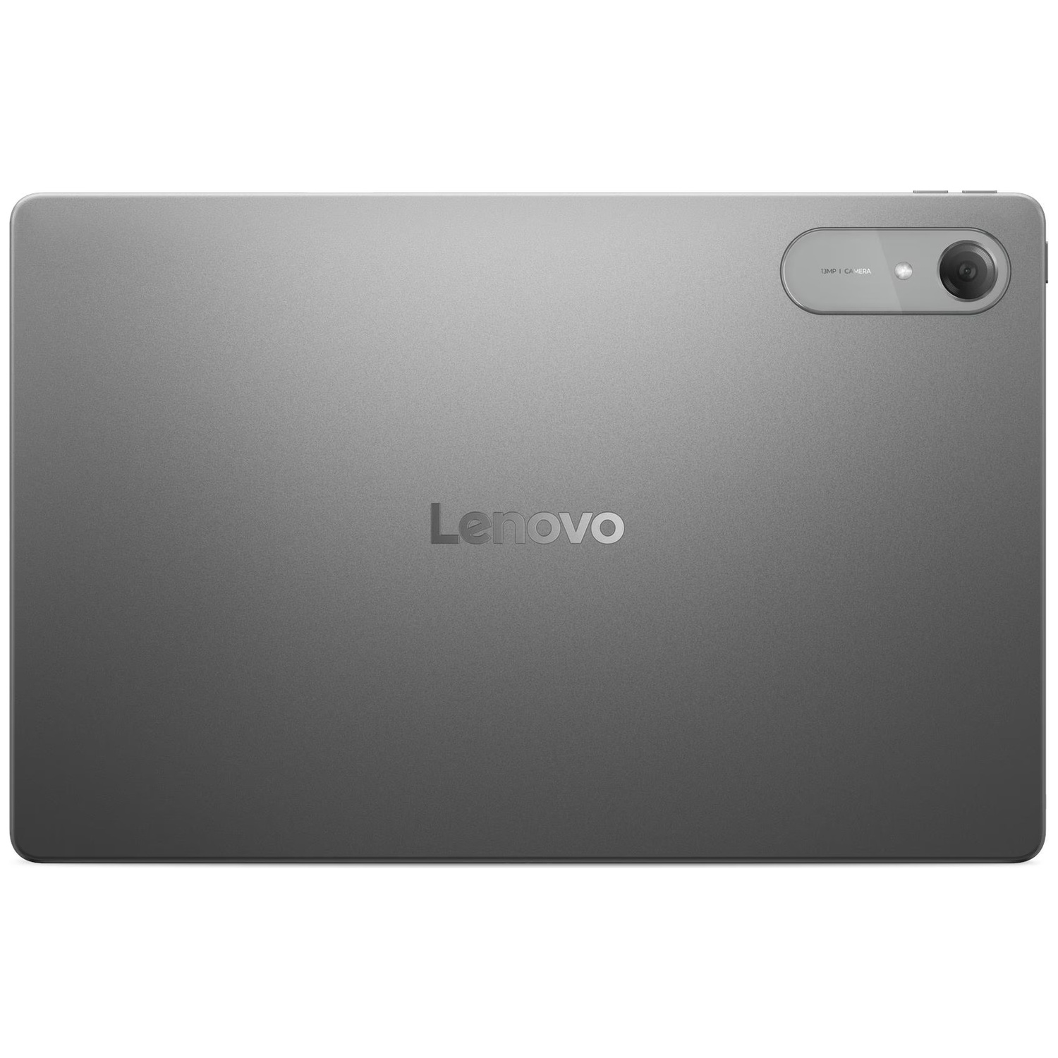Back of a gray Lenovo tablet with a 13MP camera and logo.