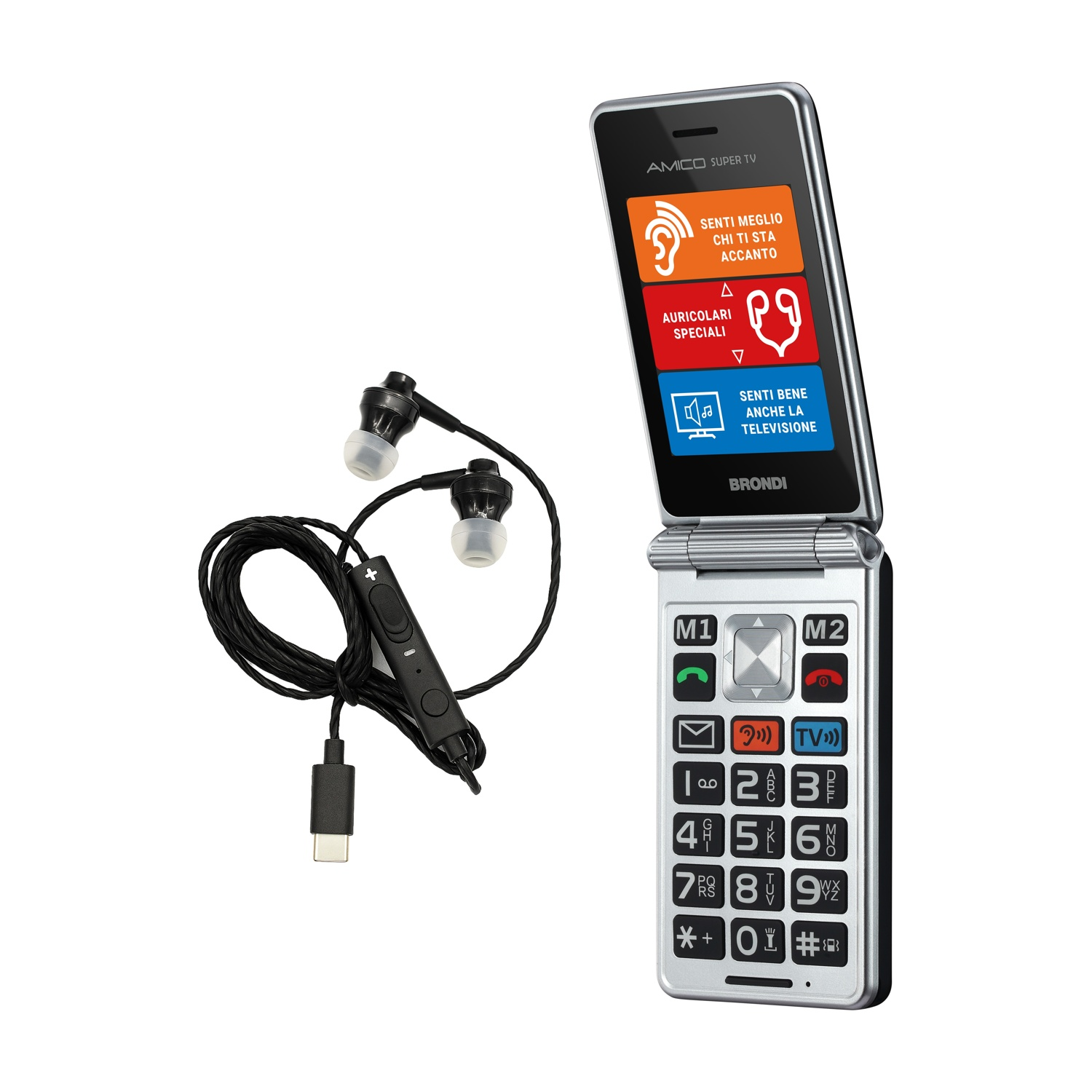 Un telefono a conchiglia argentato con auricolari e connettore USB-C.