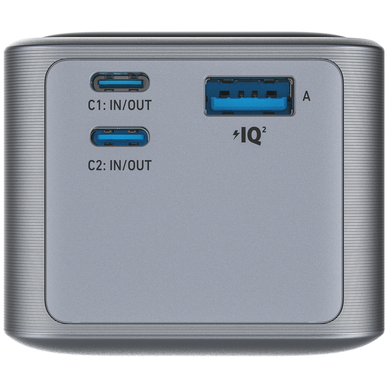 Gray power bank with two USB-C and one USB-A ports.
