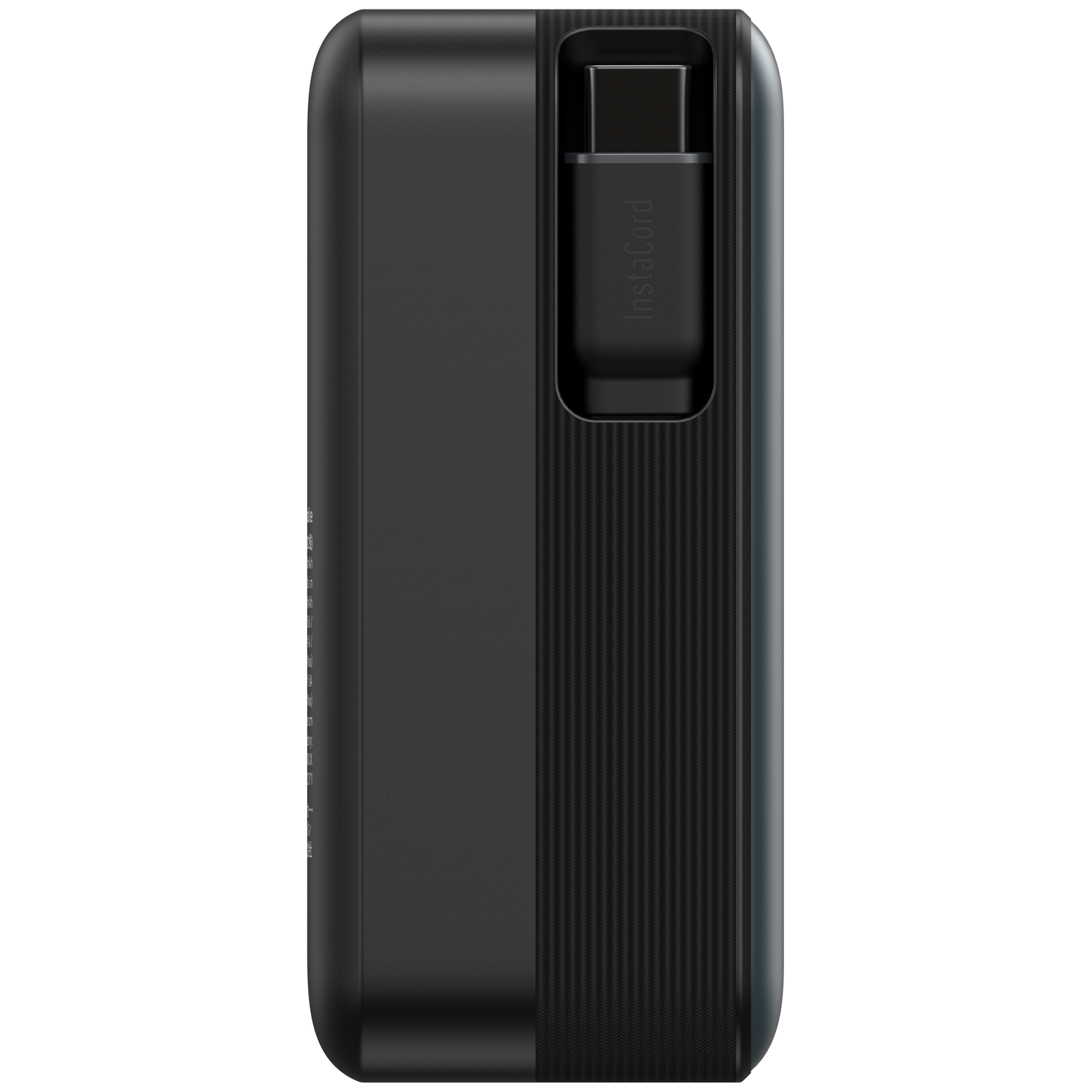 Black casing with ribbed texture and a USB-C port labeled "InstaCord".