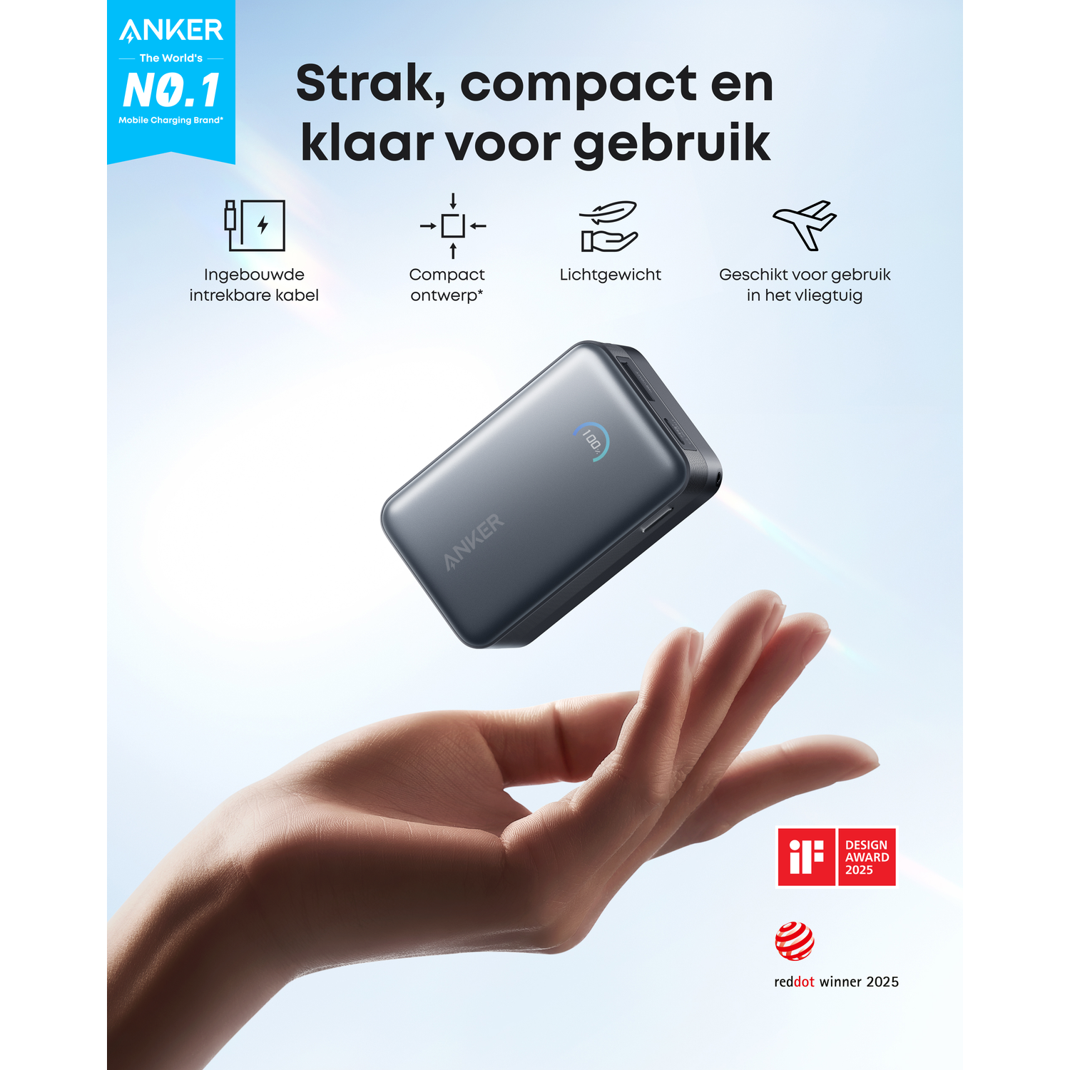 Anker power bank with retractable cable, lightweight, compact, for airplanes.