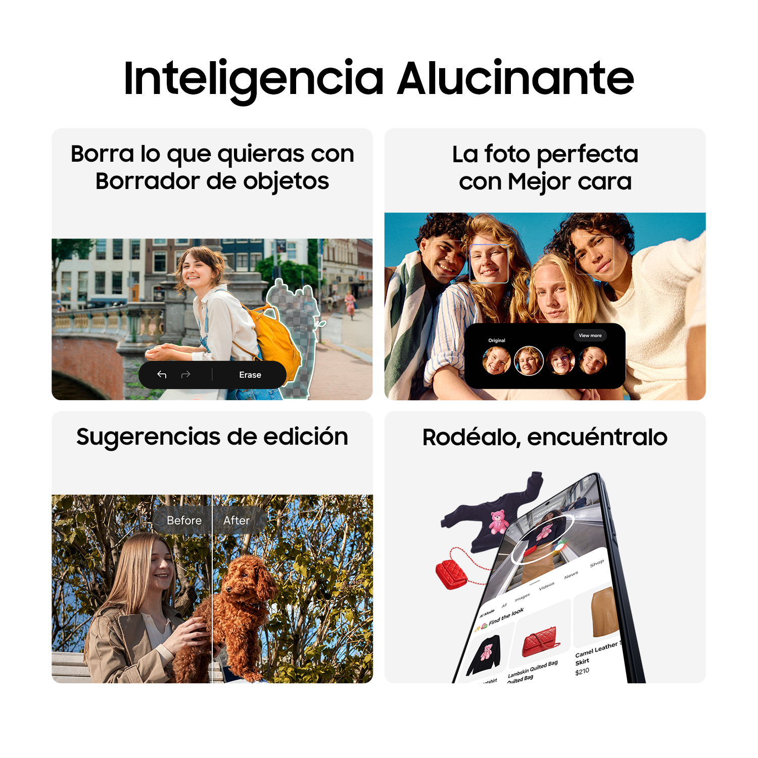 Cuatro collages: borrador de objetos, edición de caras, sugerencias, compras IA.