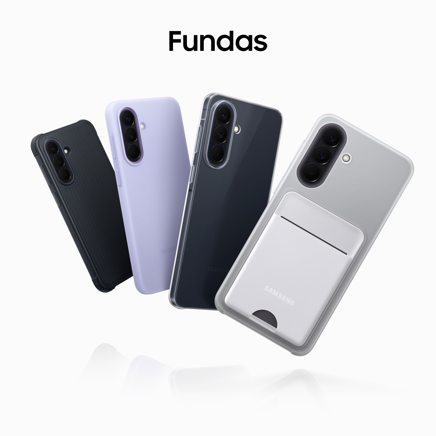 Cuatro teléfonos Samsung con fundas en negro, morado, azul oscuro y gris.