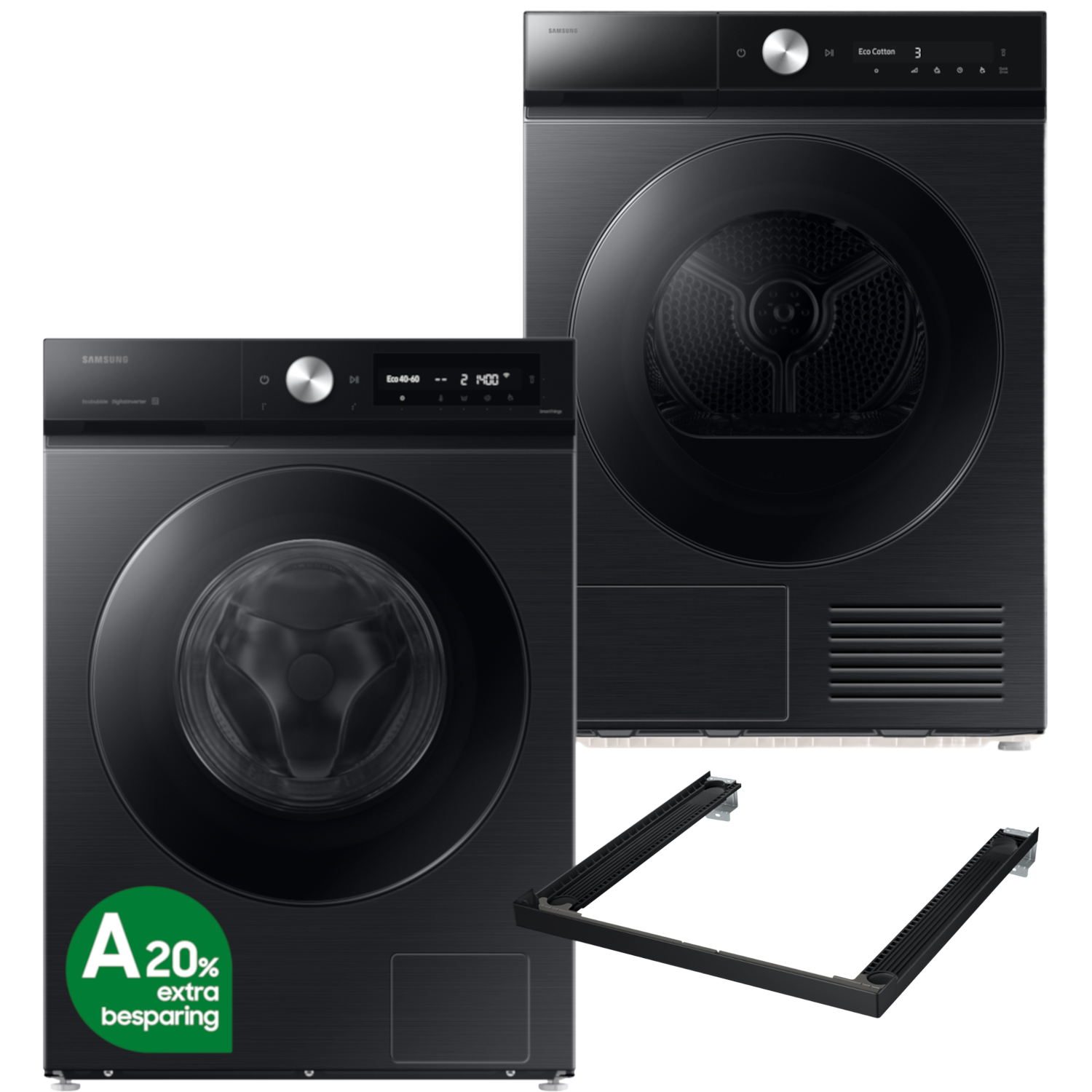 Zwarte Samsung wasmachine en droger met stapelkit.