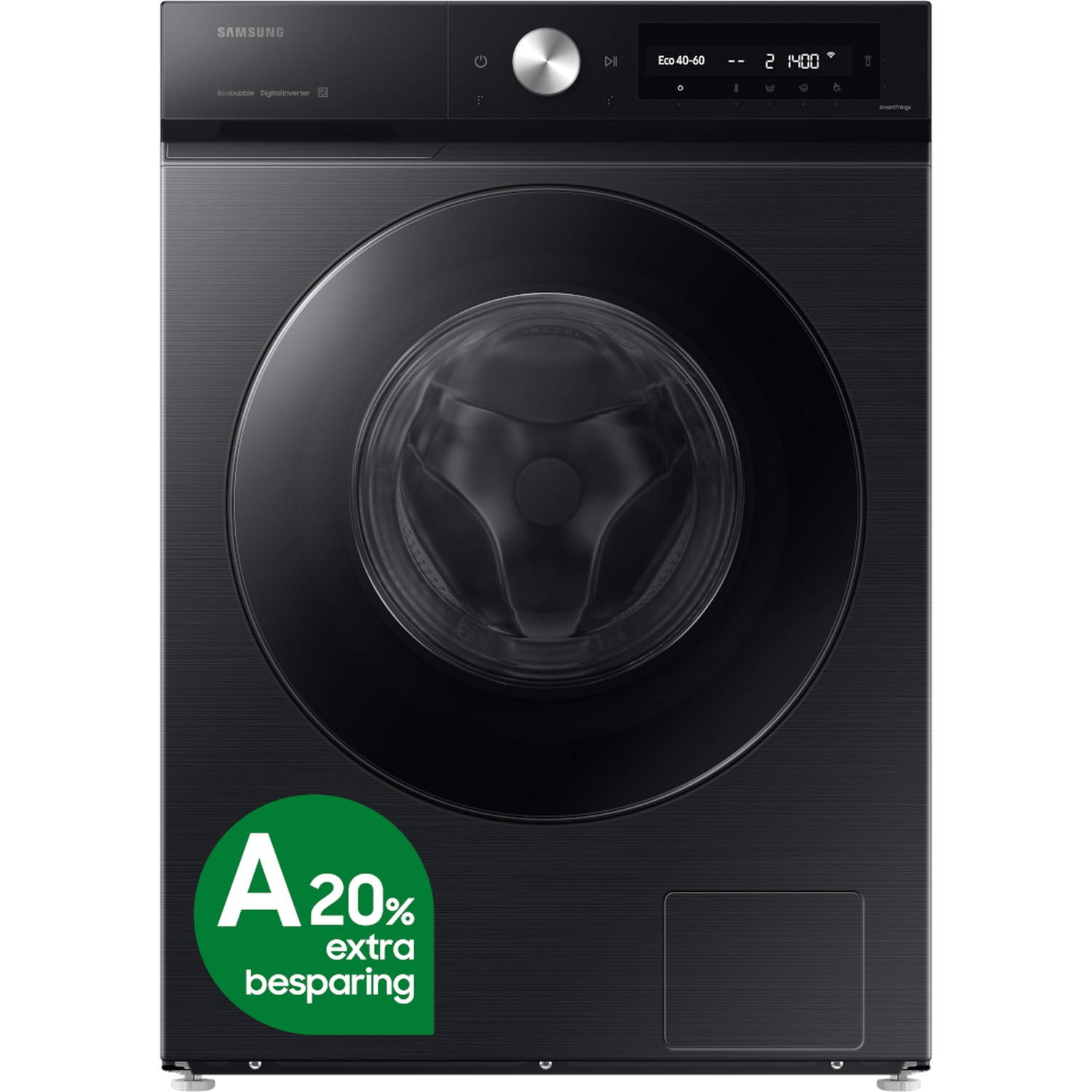 Zwarte Samsung wasmachine met bedieningspaneel, ronde deur en groene energiezuinigheidssticker.