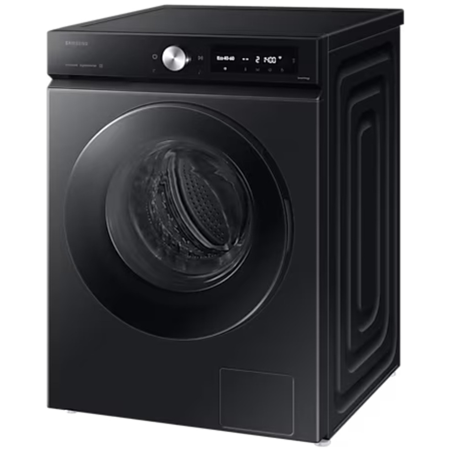 Zwarte Samsung wasmachine met ronde deur en digitaal display.