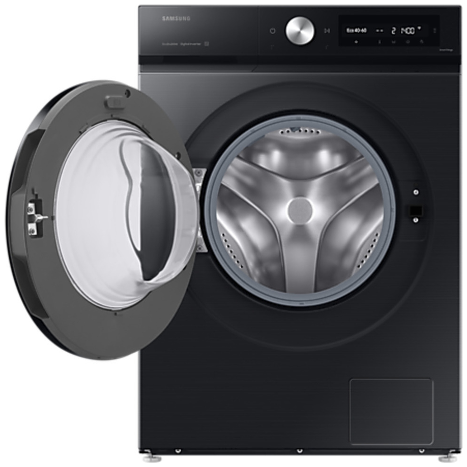 Zwarte wasmachine met open deur, zilveren trommel en bedieningspaneel.