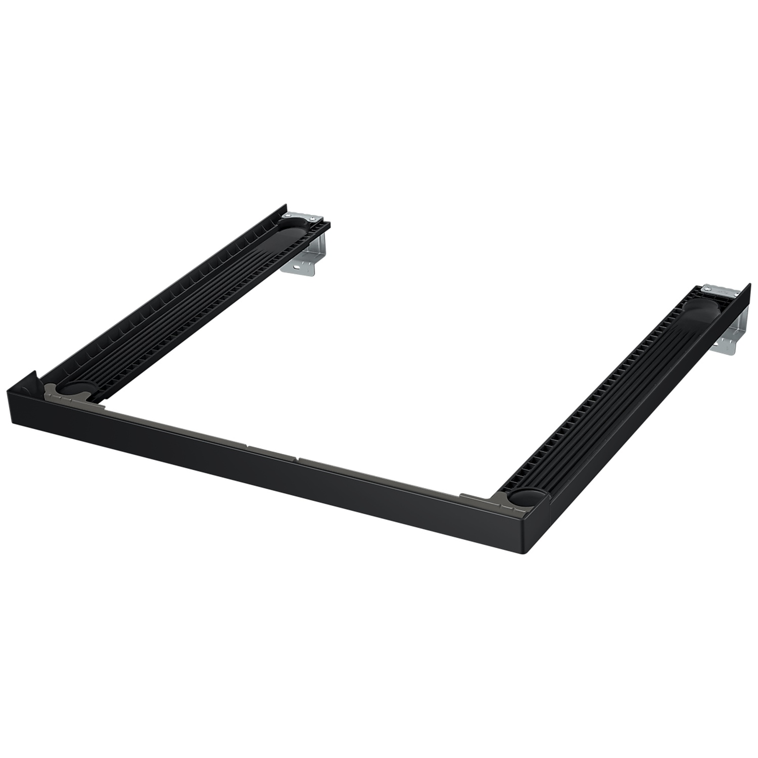 Een zwart U-vormig frame met metalen beugels aan de uiteinden.