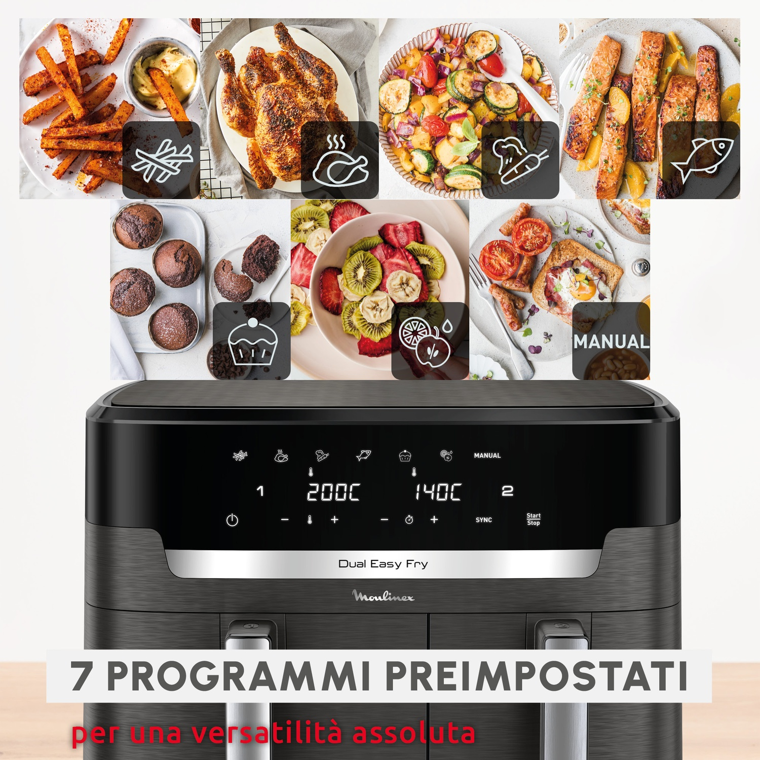 Il display di una friggitrice ad aria nera mostra 7 programmi, con immagini di piatti.