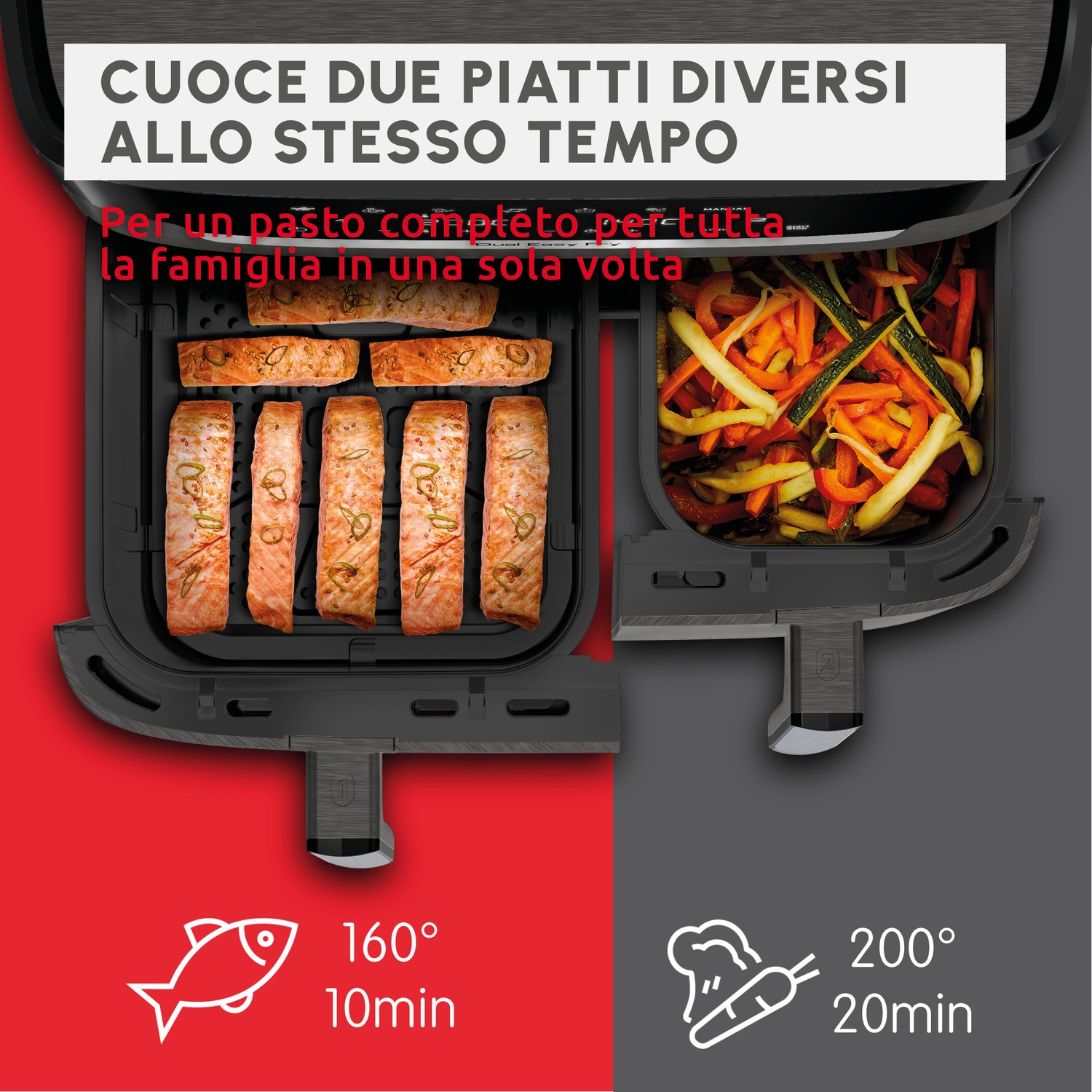 Cuoce due piatti contemporaneamente: salmone e verdure.