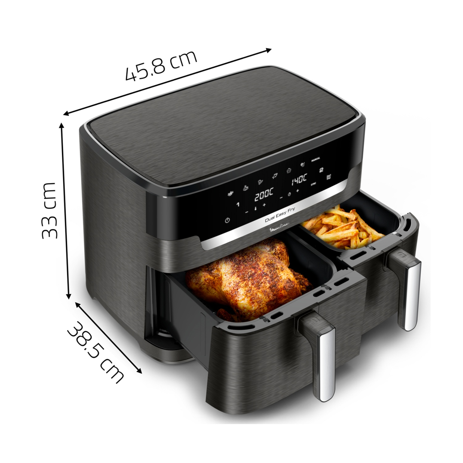 Friggitrice ad aria doppia con pollo e patatine. Dimensioni: 45.8x38.5x33 cm.