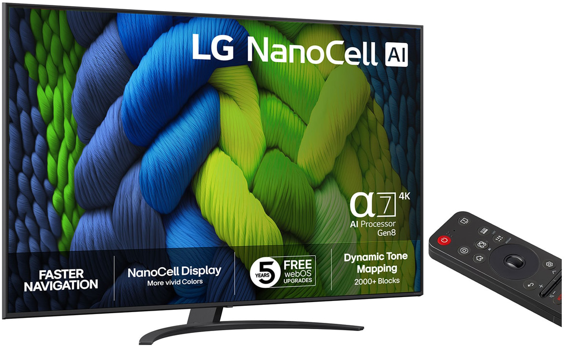 LG Nanocell TV színes absztrakt képernyővel és fekete távirányítóval.