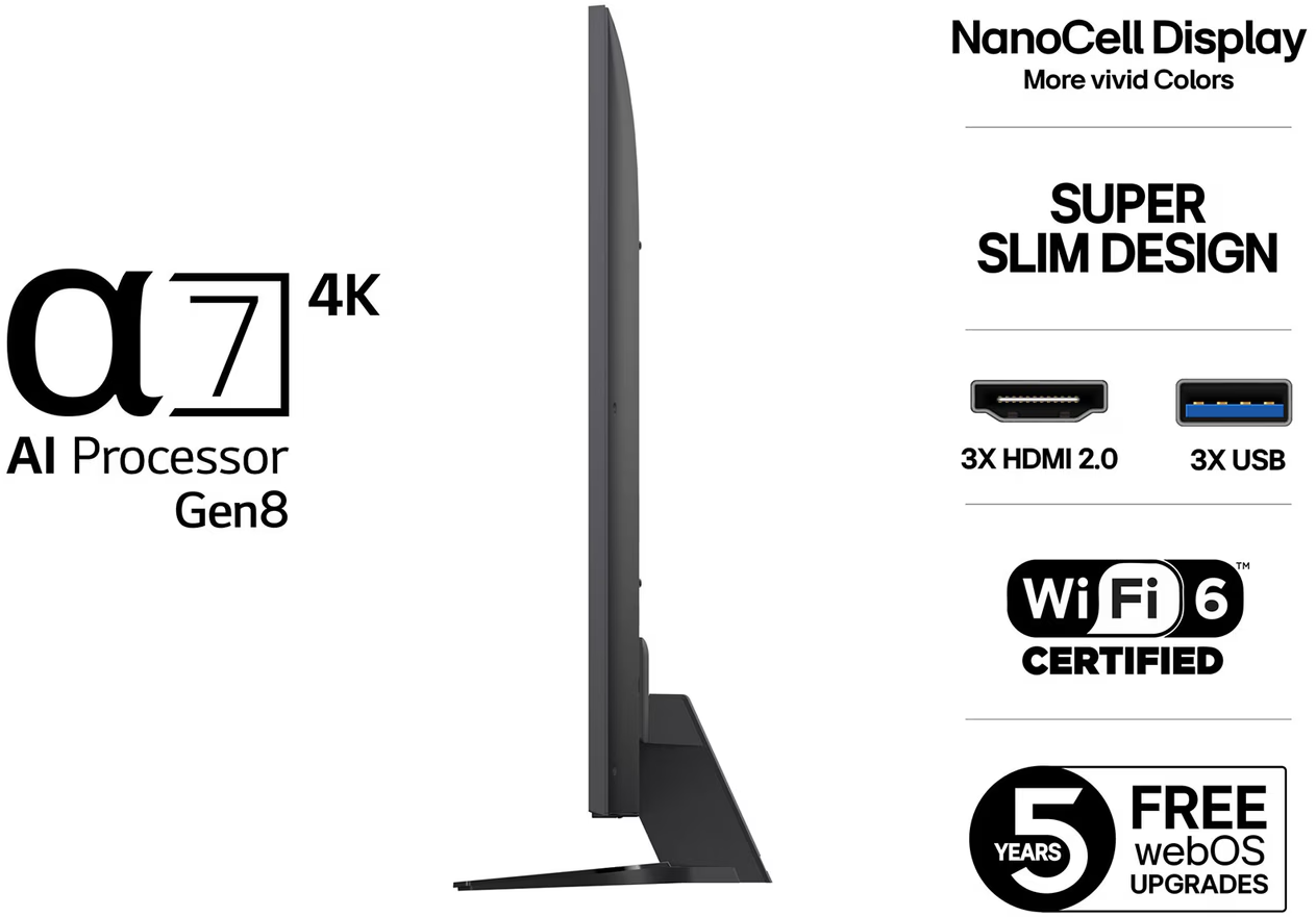 Egy vékony TV Alpha 7 Gen 8 AI processzorral, NanoCell kijelzővel, 3x HDMI, 3x USB, Wi-Fi 6.