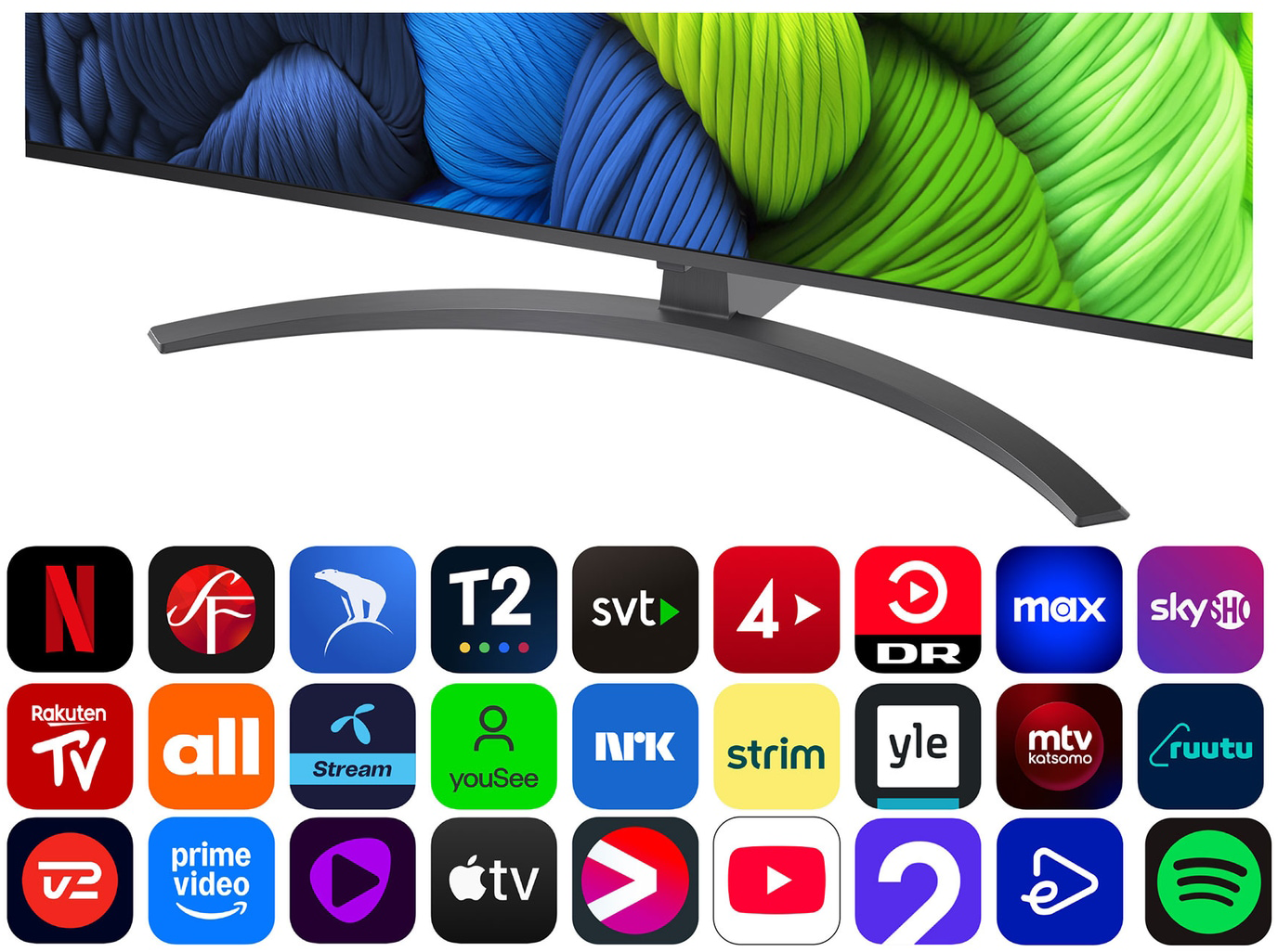 TV-képernyő sok alkalmazáslogóval alatta.