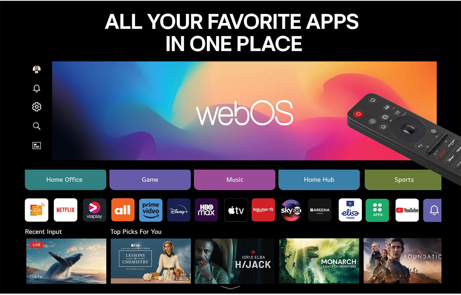 Okos TV felület olyan appokkal, mint Netflix, Prime Video, Disney+. Távirányító látható.
