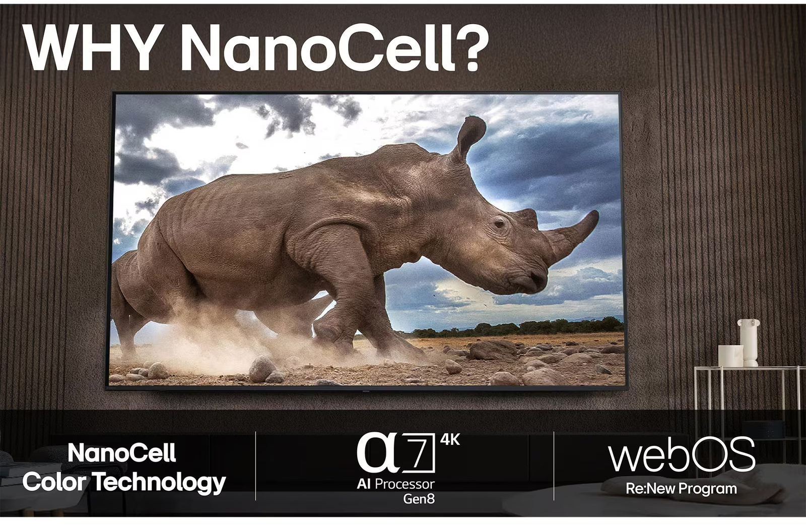 Egy orrszarvú vágtat porban. A TV felett olvasható: 'WHY NanoCell?'.