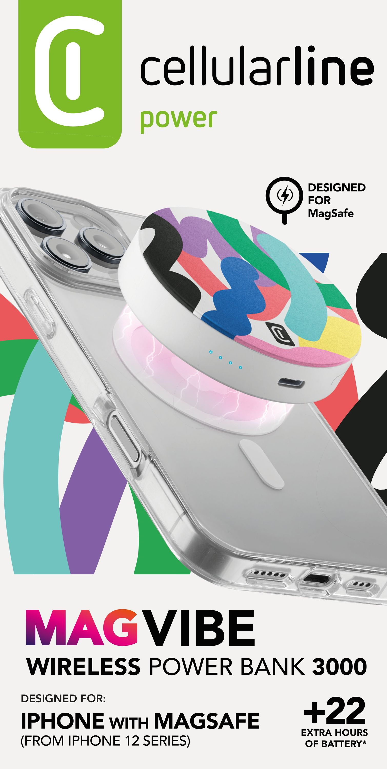 Renkli soyut tasarımlı iPhone üzerinde Cellularline MagVibe kablosuz power bank.