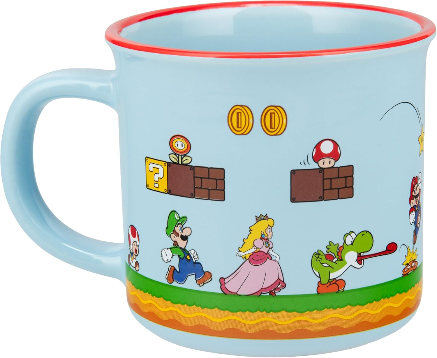 Világoskék bögre Super Mario karakterekkel: Peach hercegnő, Yoshi, Luigi, gomba.