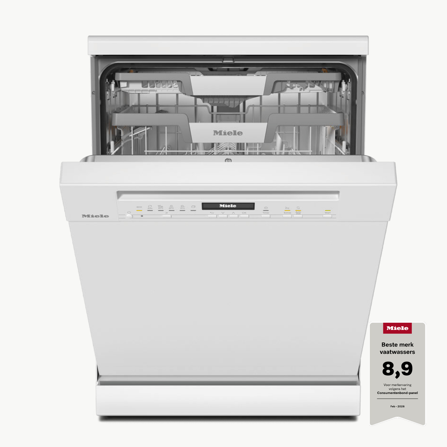 A white Miele dishwasher with its door open, showing the interior and exterior.