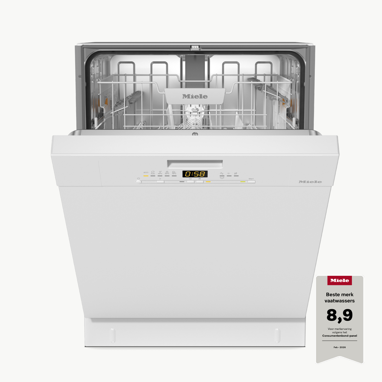 A white Miele dishwasher with its door open, showing racks and control panel.