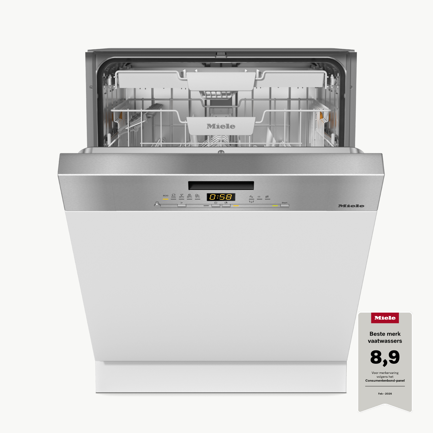 Open Miele dishwasher with silver control panel and white door. Interior view.