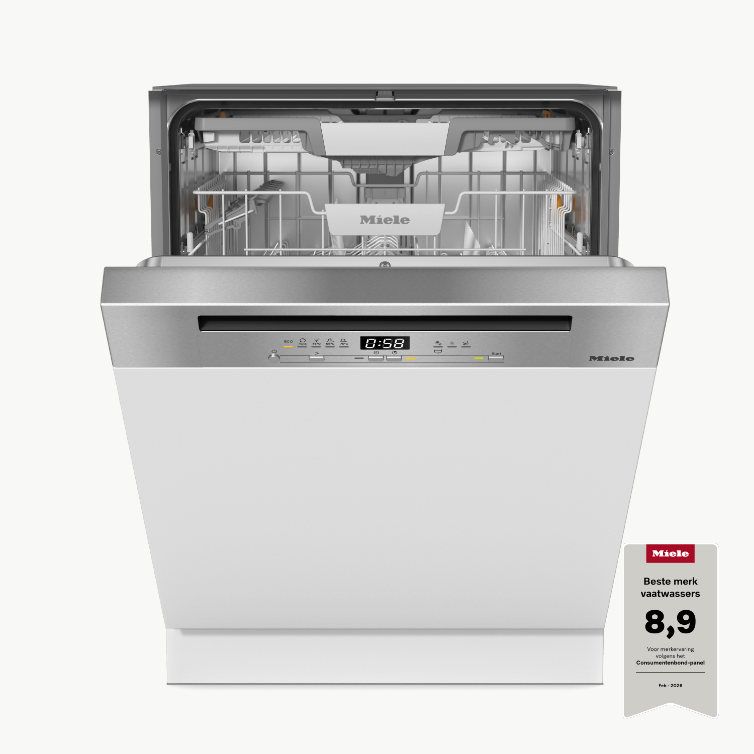 A Miele dishwasher with its door open, showing the interior and control panel.
