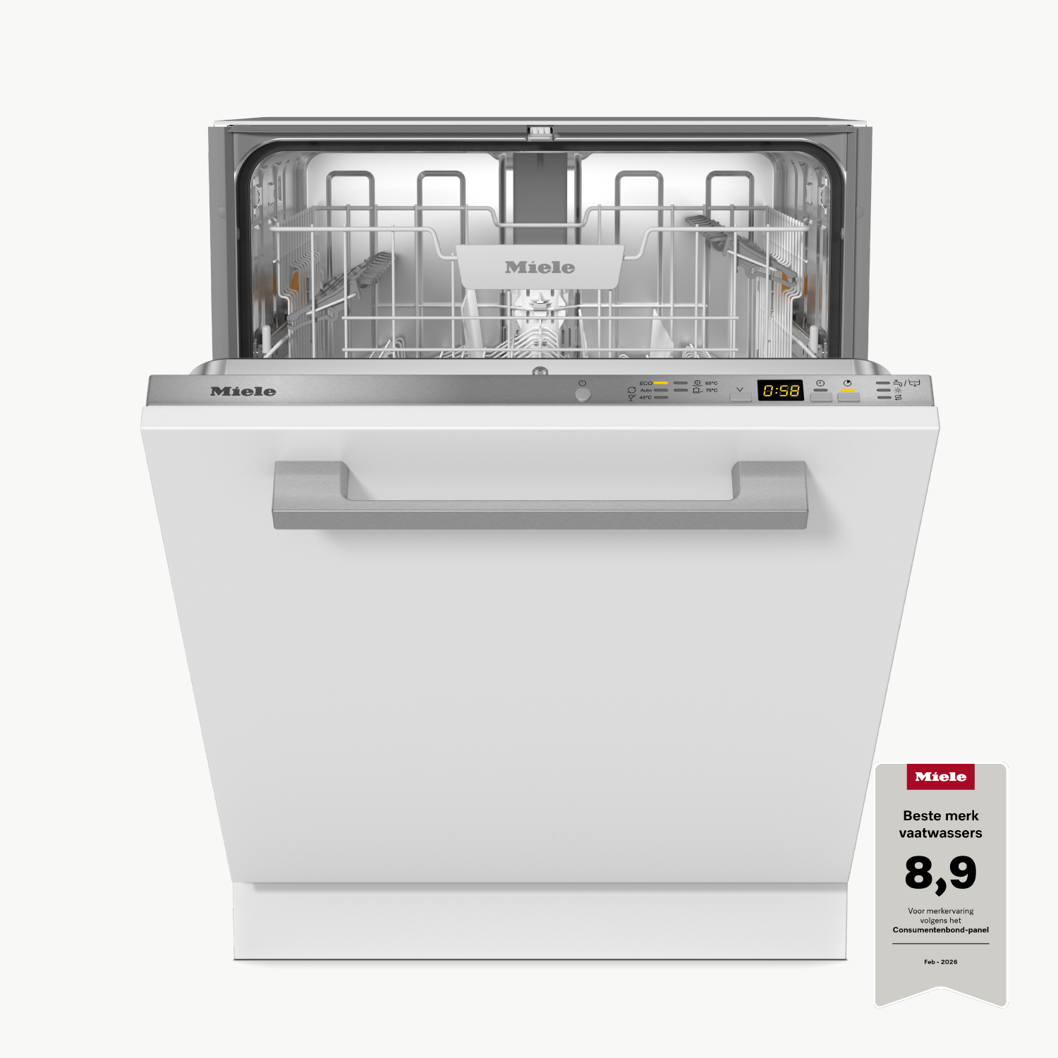 An open Miele dishwasher with two racks and a digital display shows 0:58.