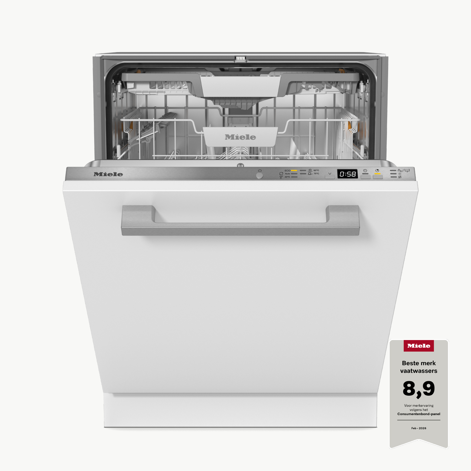 A white Miele dishwasher with its door open, showing interior racks and control panel.