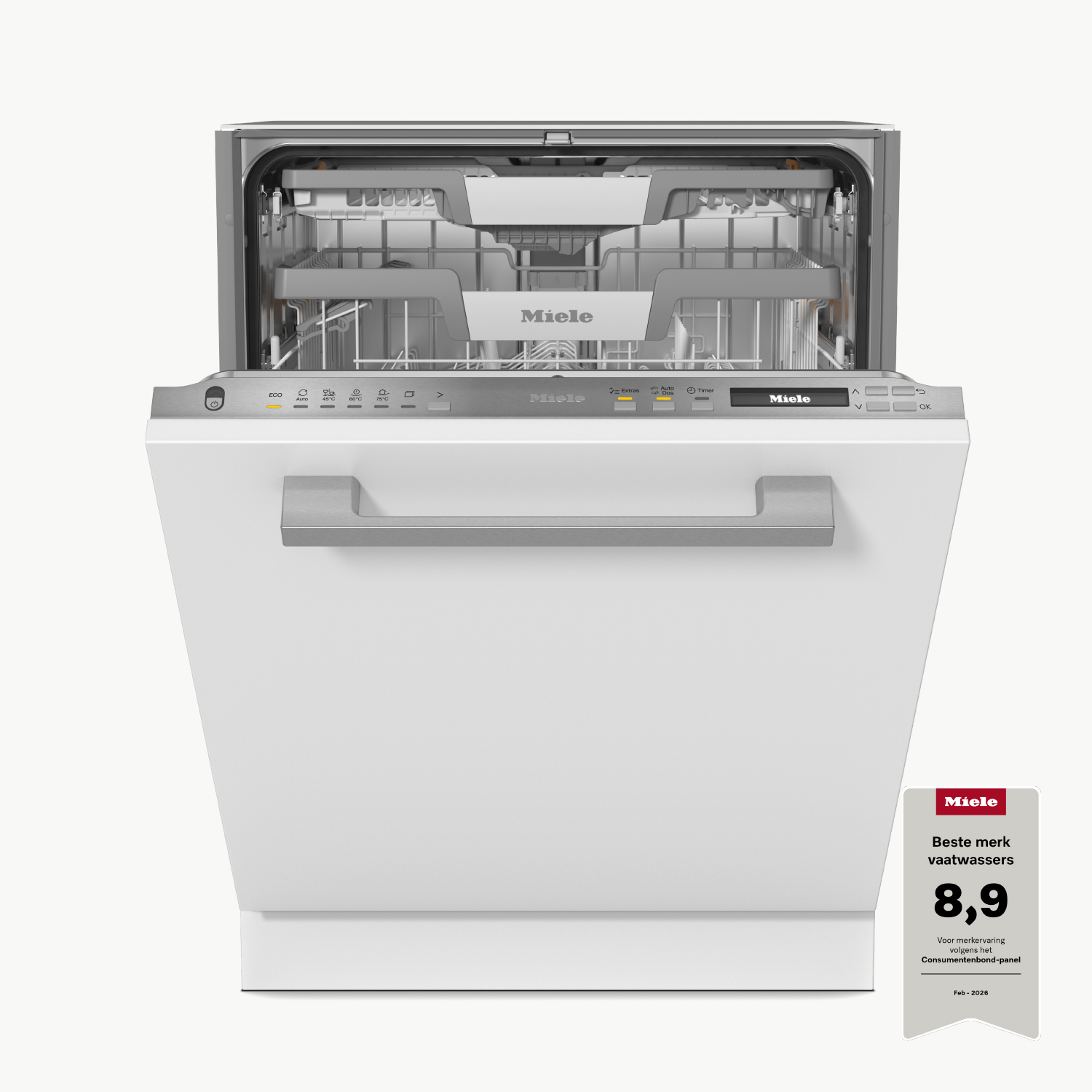 Open Miele dishwasher with silver handle and control panel. Rating badge on the right.