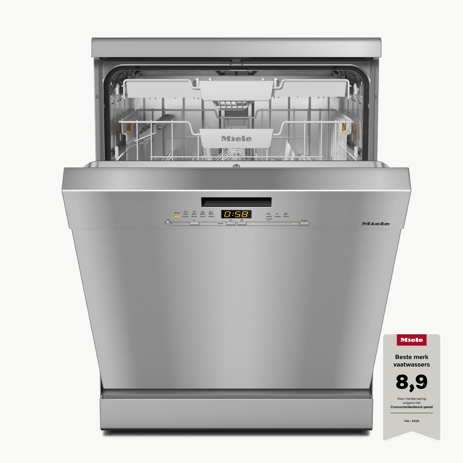 A Miele dishwasher with its door open, showing 0:58 on the display.