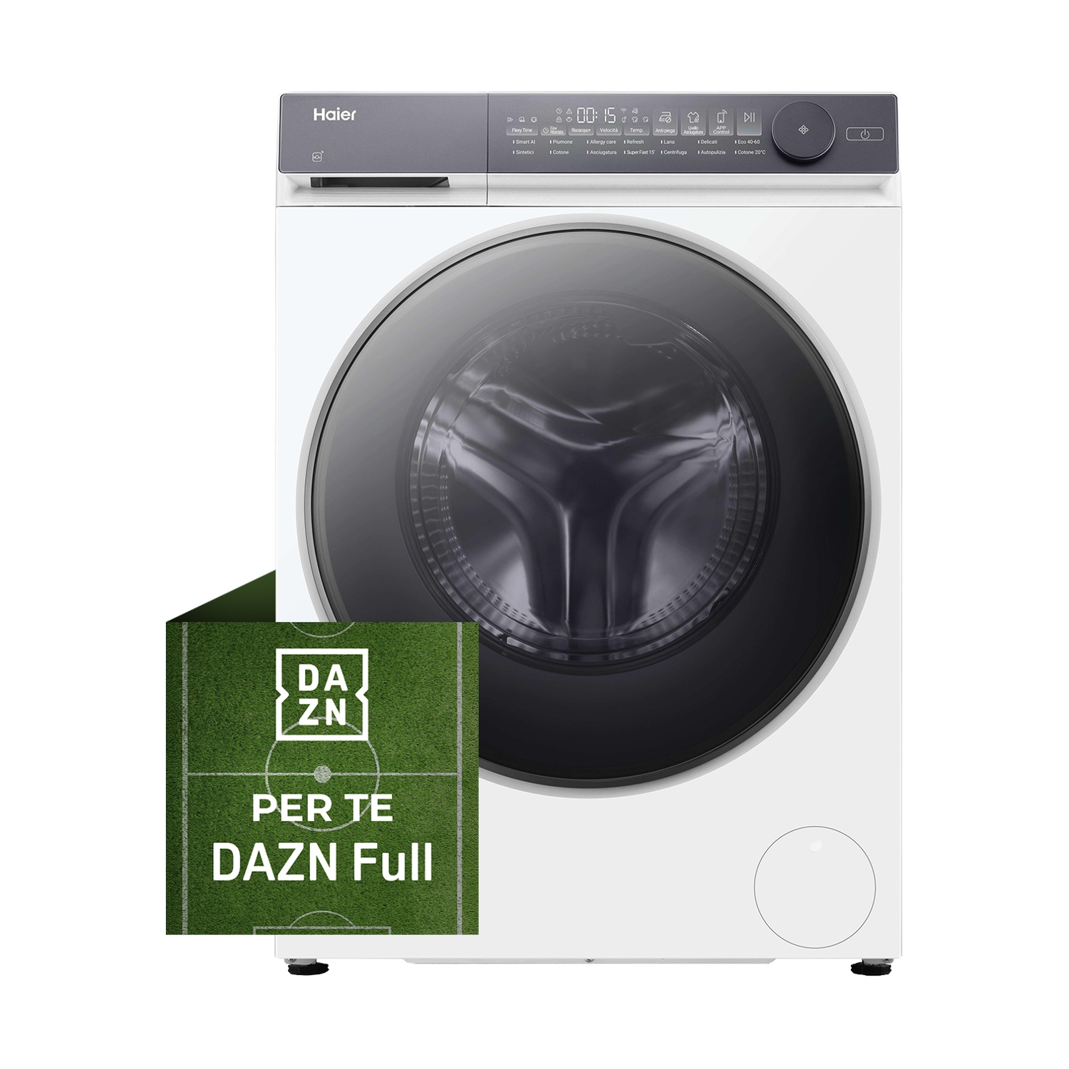 Lavatrice Haier bianca con pannello digitale e adesivo campo da calcio DAZN.