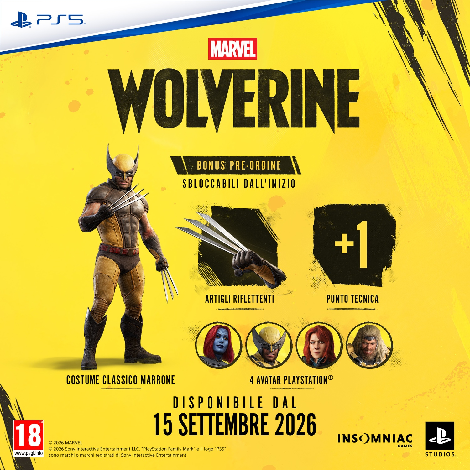 Wolverine in costume marrone con artigli, info gioco e logo PS5. Uscita 15 Sett. 2026.