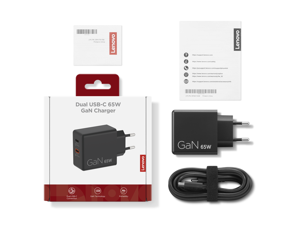 Cargador Lenovo 65W GaN Dual-USB-C en embalaje y piezas sueltas.