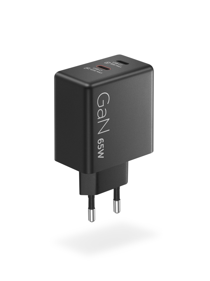 Cargador USB-C GaN negro de 65W con dos pines.
