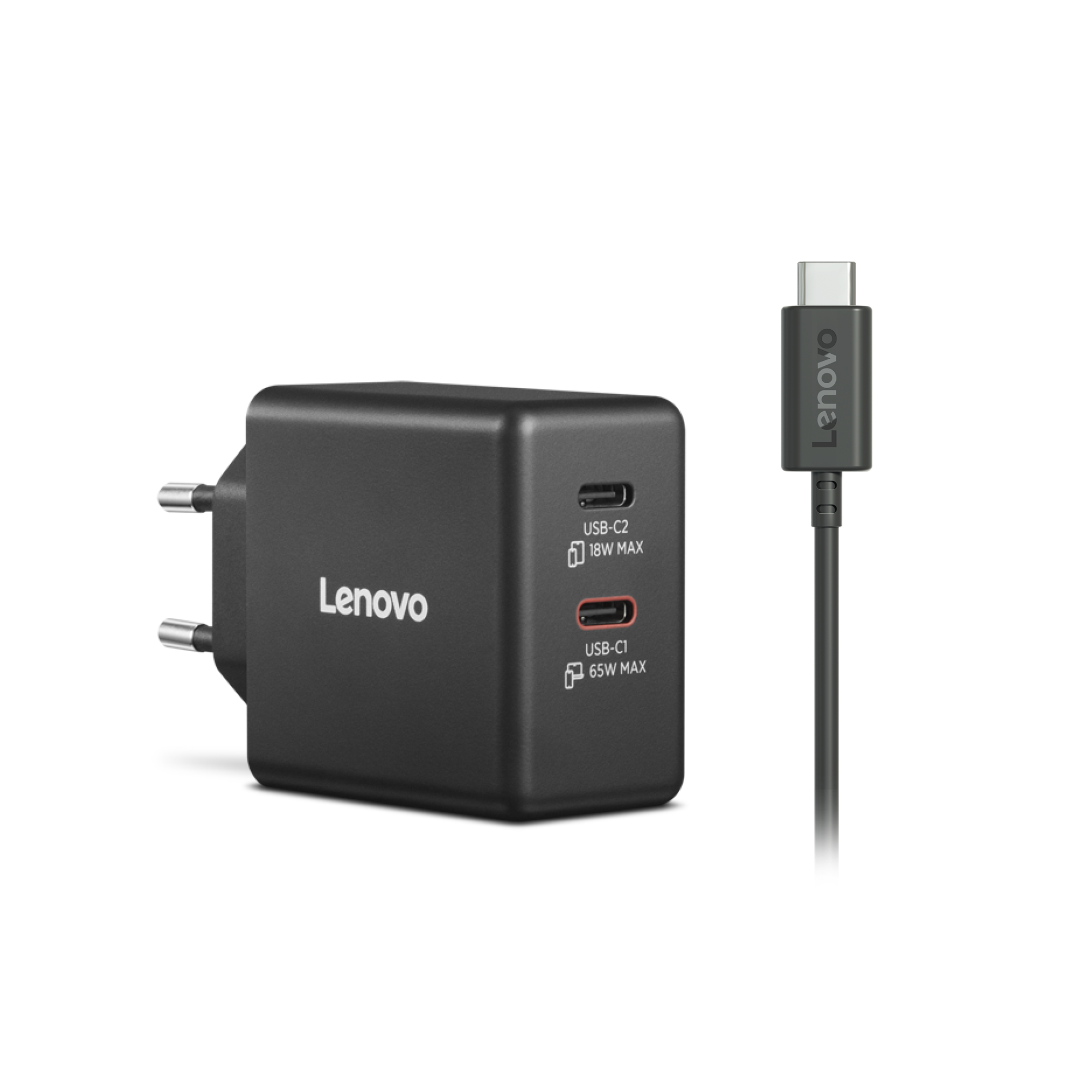 Un adaptador de corriente Lenovo negro con dos puertos USB-C y un cable USB-C.