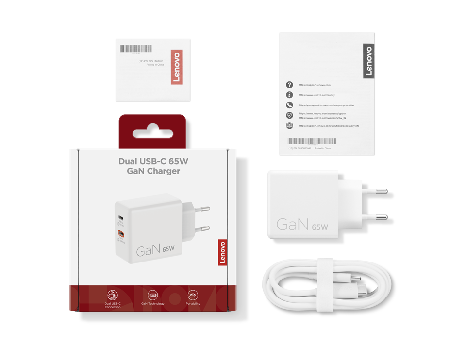 Cargador Lenovo 65W Dual USB-C GaN con cable y documentación.