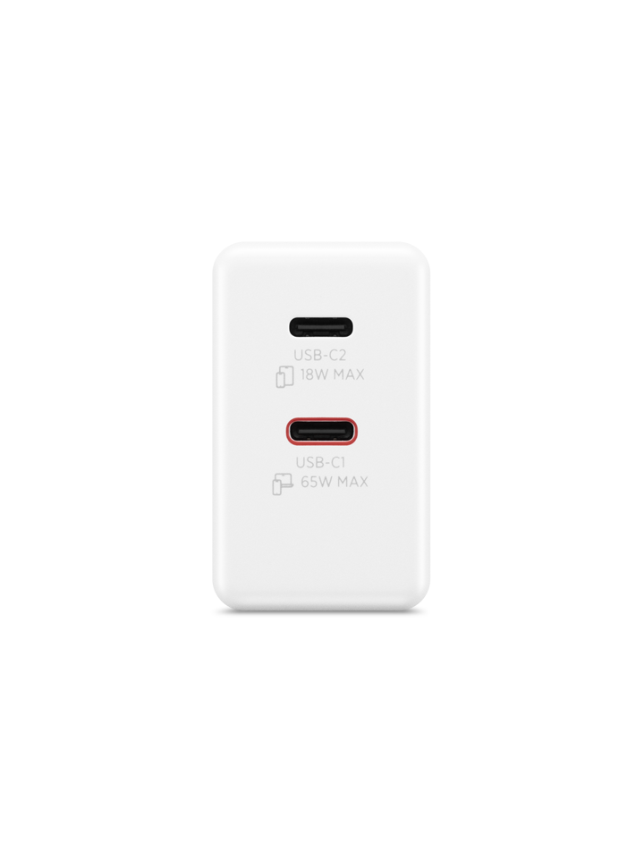 Un cargador blanco con dos puertos USB-C, uno de 18W y otro de 65W.