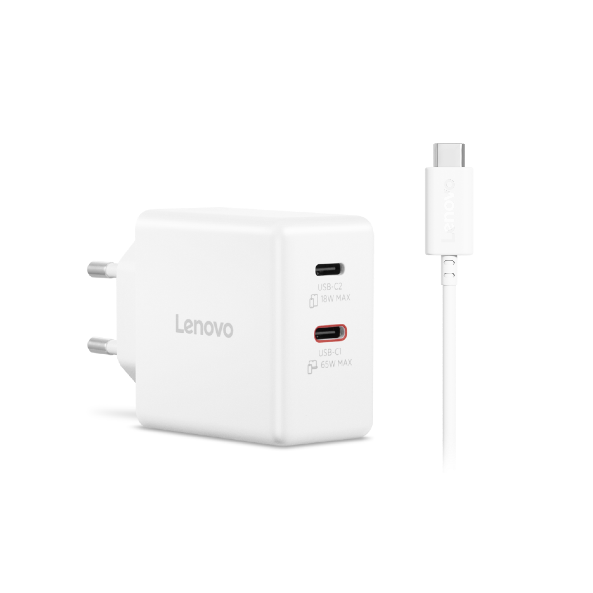 Un adaptador de corriente Lenovo blanco con dos puertos USB-C y un cable USB-C.